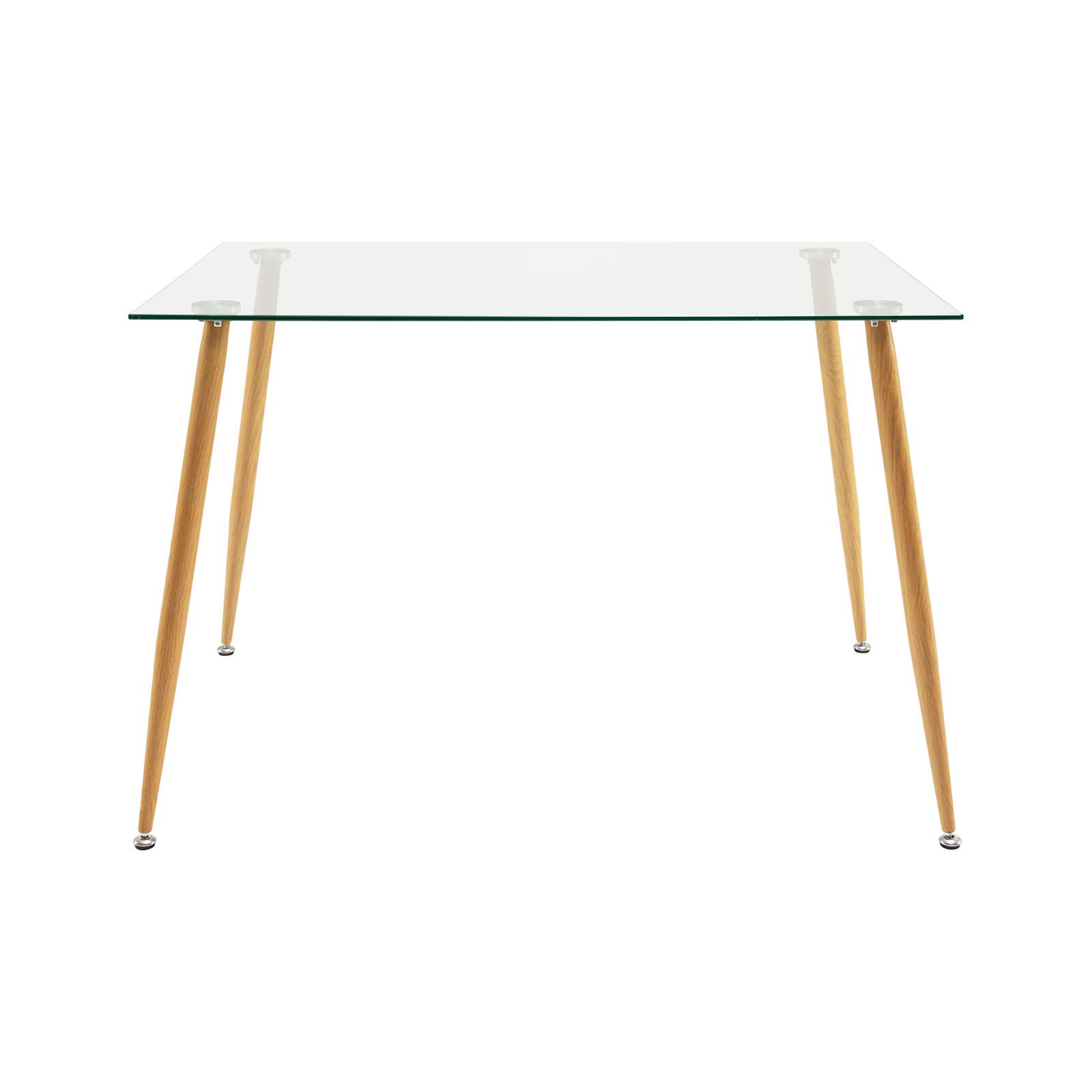 Modern Glass Dining Table with Wood Grain Steel Legs